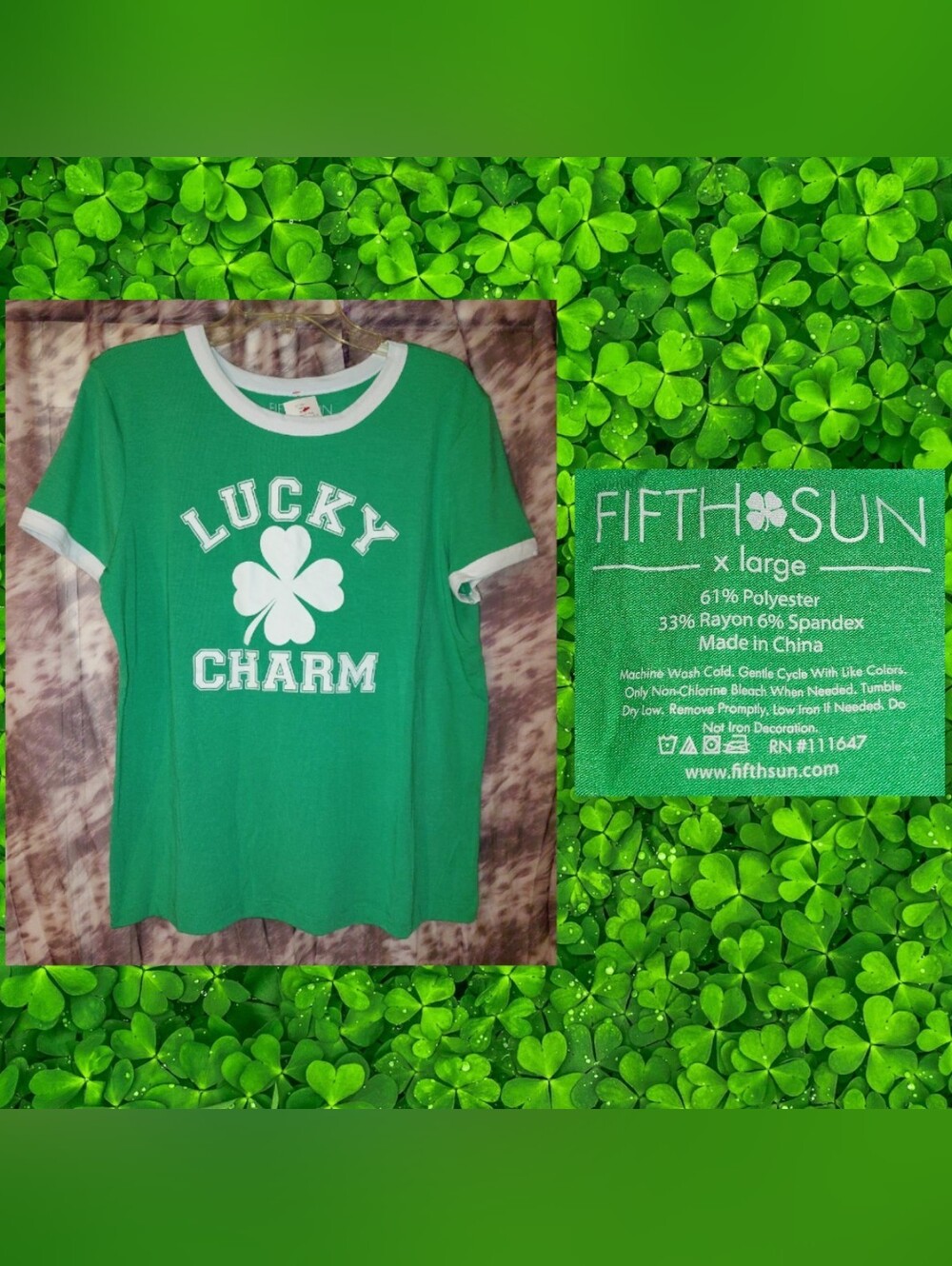 Fifth Sun Green & White. Lucky Charm Graphic Colorblock Soft Knit Ringer Tee XL